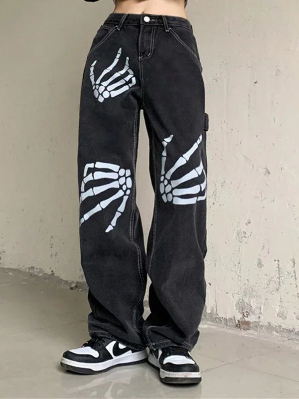 Skeleton Print Baggy Jeans – Black Streetwear Denim Dwntwn – DWNTWN